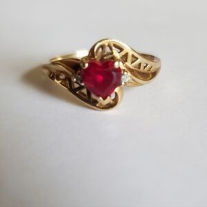 1.25ct Heart Shaped Natural Garnet And Diamond Filigree Ring 10k Yellow Gold Sz8